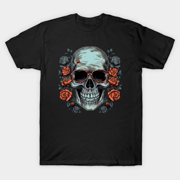 Cool Hipster Skull with Glasses and Roses T-Shirt by Unelmoija